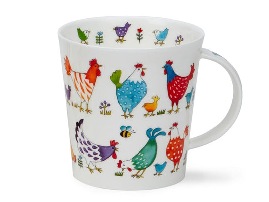 it features an array of brightly colored chicks and chickens, complemented by various patterns and surrounded by flowers and buzzing bees.