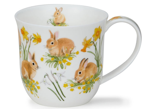 Dunoon Cumbrae Bunnies Mug in fine bone china featuring playful rabbits in a countryside setting with soft pastel artwork—ideal for bunny fans and collectors.