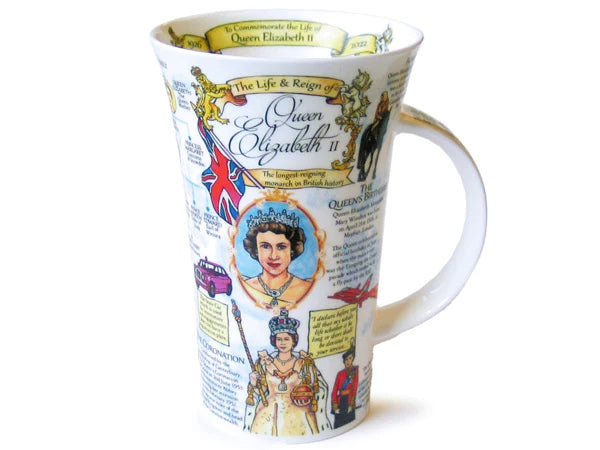 Highlighting key moments and cherished memories of Queen Elizabeth II, including her iconic Royal Wedding with its towering 9-foot-high cake and her affection for Corgis, this mug serves as a poignant tribute to the longest-reigning monarch in British history.