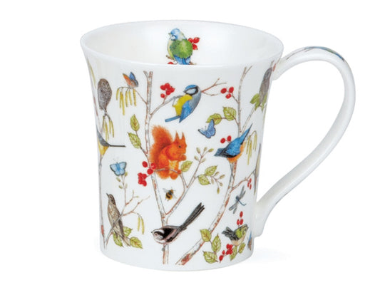 Crafted from fine bone china, this petite mug boasts a charming wrap design featuring blue tits and other whimsical woodland friends.