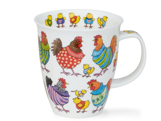 Dunoon Nevis Knitwits Mug in fine bone china decorated with colorful hens and chicks wearing knitted jumpers on a classic tall mug—ideal for animal lovers and knitwear fans.
