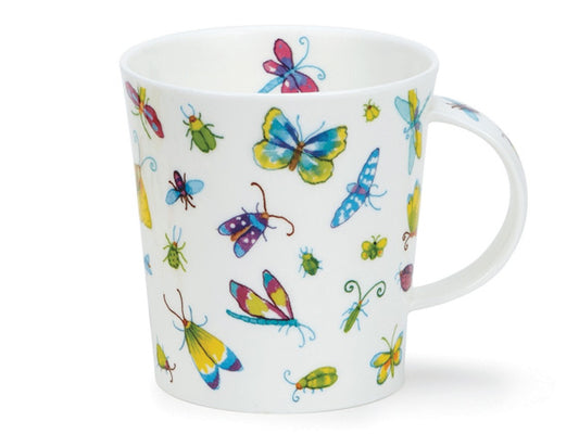 This captivating fine bone china piece showcases vibrantly illustrated beetles, butterflies, and moths. 