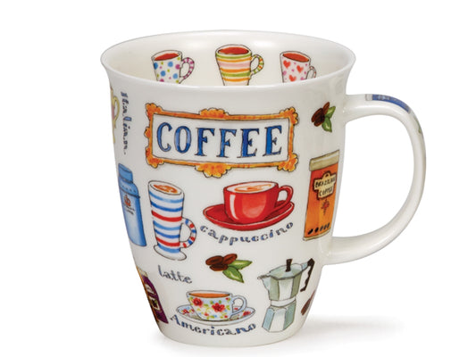 Ceramic coffee mug featuring the word "Coffee" with illustrations of coffee cups, beans, and coffee-making tools—ideal for coffee enthusiasts.