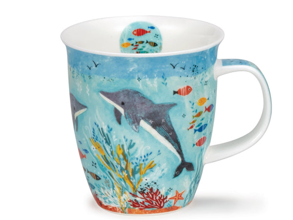 Dunoon Nevis Flippers Dolphin Mug in fine bone china decorated with a playful dolphin and colorful sea life illustrations on a tall classic mug—ideal for marine life enthusiasts.