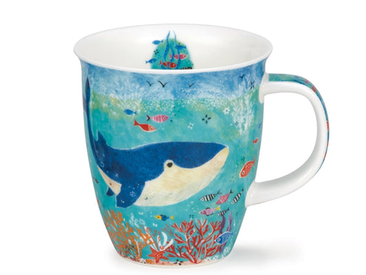 Dunoon Nevis Flippers Whale Mug in fine bone china decorated with a graceful whale and colorful sea life illustrations on a tall classic mug—ideal for marine life lovers.

