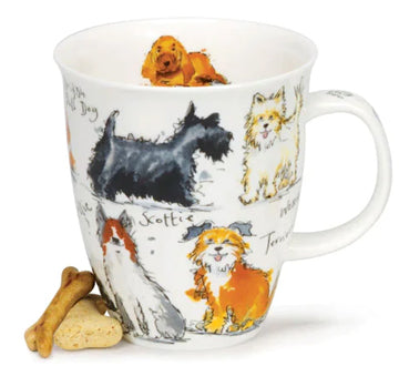 Messy Dogs' fine bone china mug, adorned with playful pup illustrations by artist Kate Mawdsley, rendered in a scruffy, endearing style.