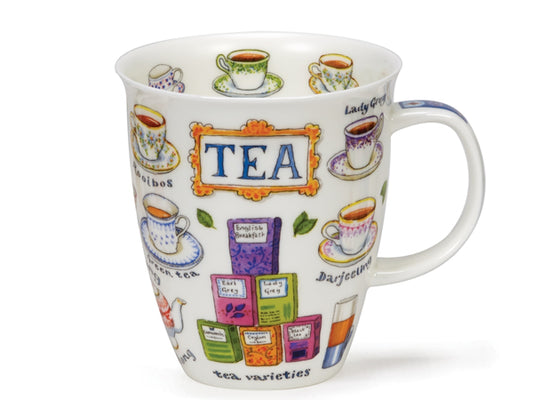 Ceramic tea mug featuring the word "Tea" with illustrations of tea cups, leaves, and tea-making tools—ideal for tea lovers and cozy drink times.