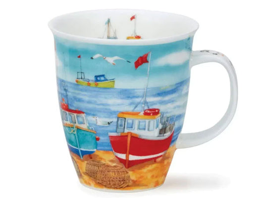  Crafted from fine bone china, this exquisite mug showcases intricate illustrations of fishing boats navigating coastal waters or resting on sandy shores, complemented by coastal colors and motifs
