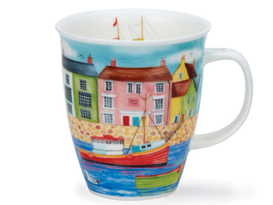 this mug features a captivating illustration depicting the lively scene of a coastal village's harbor. 