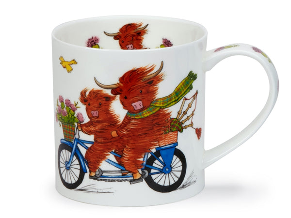 Dunoon Orkney Highland Spin Mug in fine bone china showing a Highland cow illustration spinning around the tall mug—ideal for Scottish countryside enthusiasts.