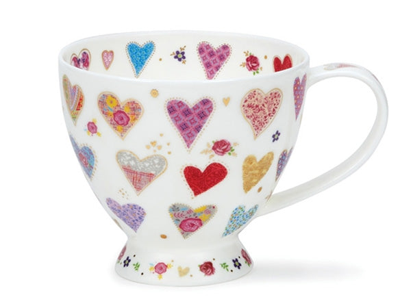 Dunoon Skye Feel The Love Mug in fine bone china decorated with colorful heart patterns on a tall, elegant mug—ideal for romantic gifts and cheerful tea lovers.