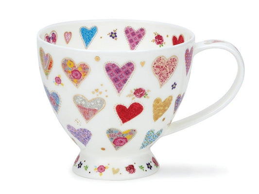 Dunoon Skye Feel The Love Mug in fine bone china decorated with colorful heart patterns on a tall, elegant mug—ideal for romantic gifts and cheerful tea lovers.
