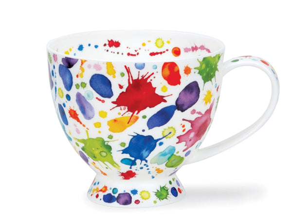 Dunoon Skye Whoops Mug in fine bone china with colourful paint splatter design on a tall, elegant shape—ideal for creative tea or coffee lovers.