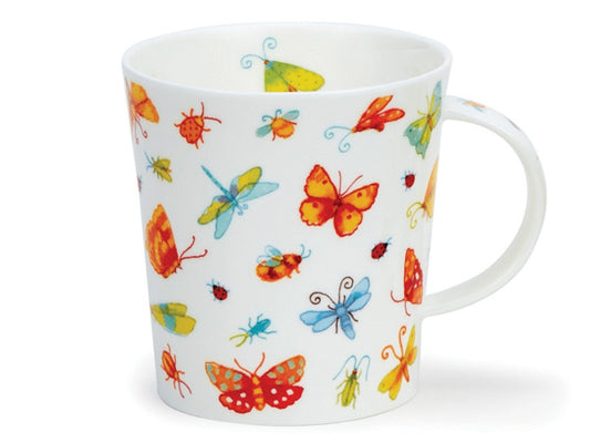 Crafted from fine bone china and proudly made in the UK, it features playful illustrations of butterflies, moths, beetles, and ladybirds in warm hues.