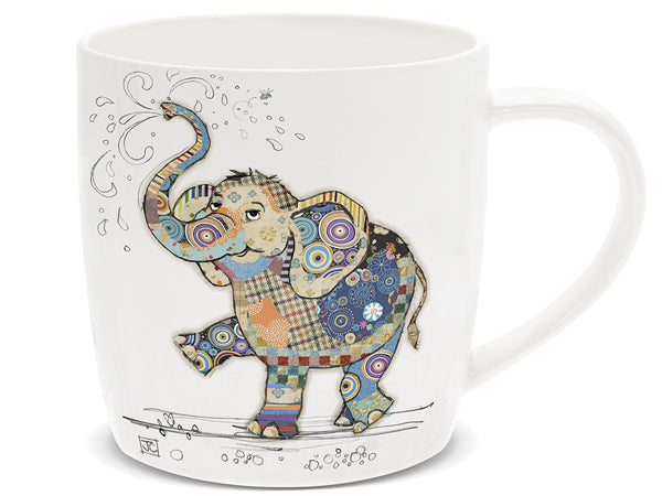 Mug with a colorful elephant design on a white background