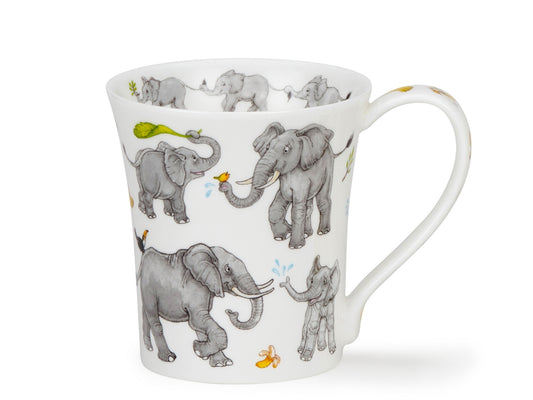 Dunoon Jura Elephantastic mug with playful grey elephants, bananas, leaves and blue water splashes on a white background.
