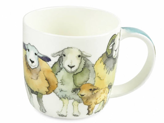 A white ceramic mug featuring a watercolor illustration of sheep and lambs in soft pastel colors, shown against a plain white background.