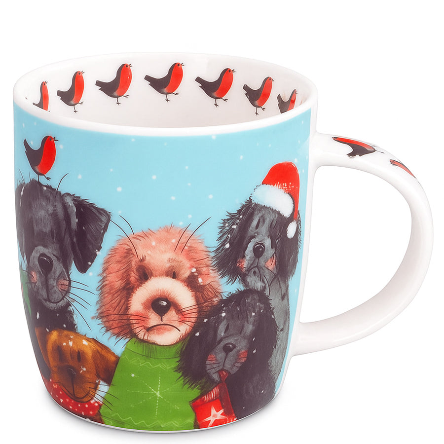 Mug with Christmas-themed design featuring dogs and birds on a blue background