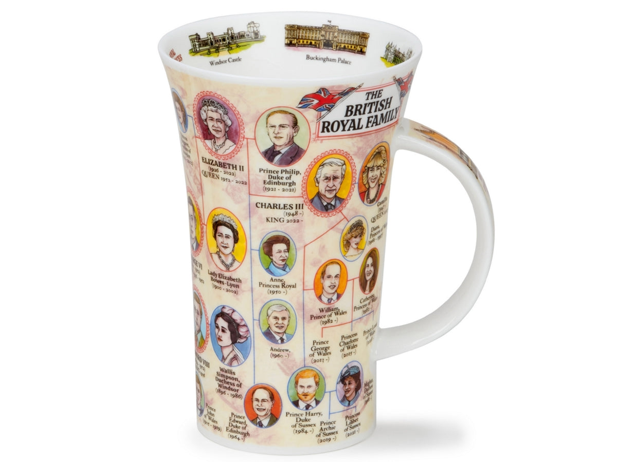 Tall white Dunoon Glencoe British Royal Family mug with royal portraits, family tree artwork and palace details