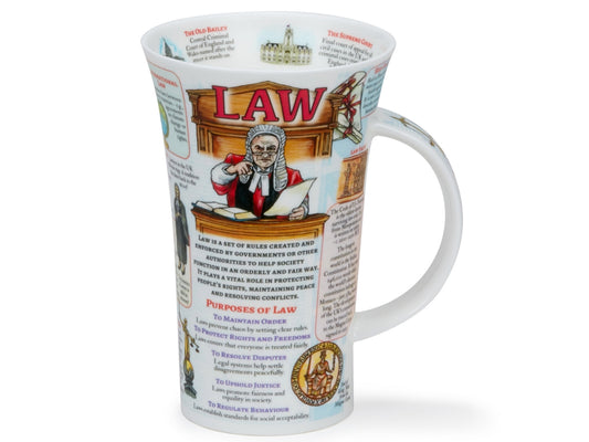 Tall white Dunoon Glencoe Law mug with judge illustration, legal symbols and educational courtroom text