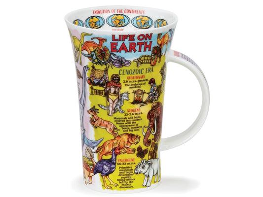 Tall white Dunoon Glencoe Life on Earth mug with evolution artwork, animals and educational science details