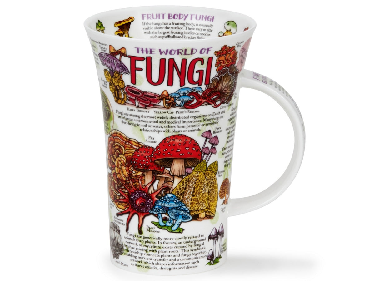 Tall white Dunoon Glencoe World of Fungi mug with colourful mushroom illustrations and educational mycology text