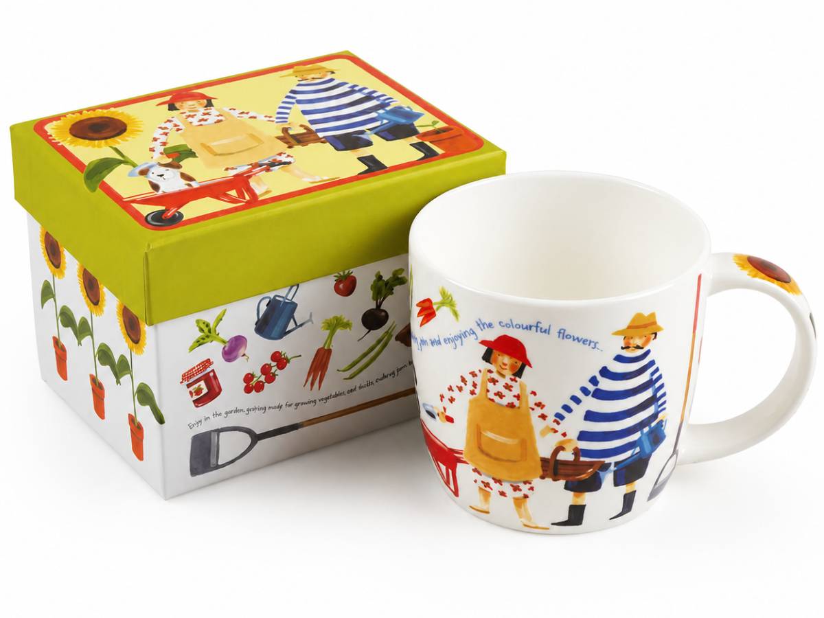Emma Ball Gardeners Mug with colourful gardeners and flowers, displayed beside its matching illustrated garden-themed gift box.