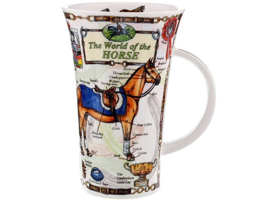 Dunoon's Glencoe 'The World Of The Horse' Mug, crafted from fine bone china, showcases a labeled horse diagram, riding equipment, horse sporting events, and various breeds.