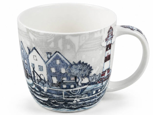 A white ceramic mug featuring a detailed blue and red illustration of a harbor scene with houses, boats, and a lighthouse, shown on a clean white background.