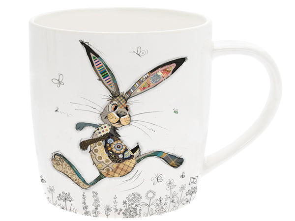 White mug with a patchwork hare illustration