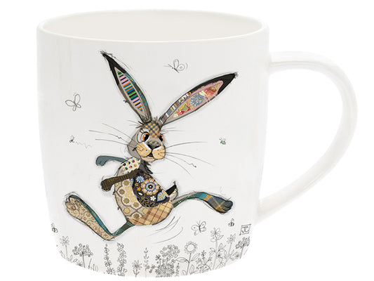 White mug with a patchwork hare illustration