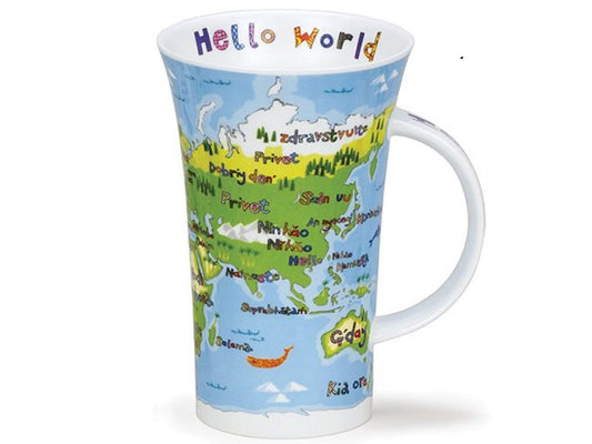 Glencoe Hello World mug with a colourful world map and greetings in different languages around the mug and inside the rim.