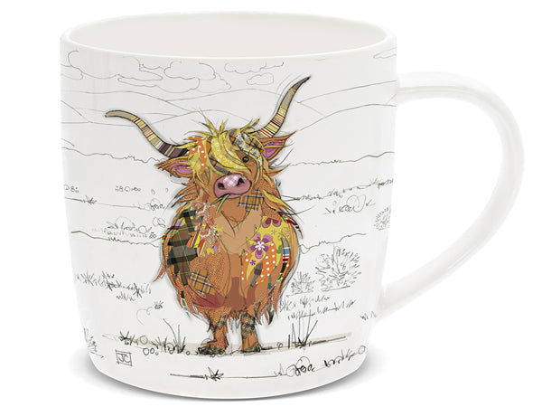 Mug with a colorful highland cow design on a white background
