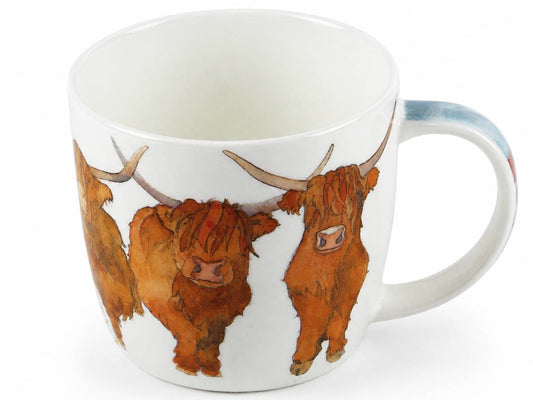 A white ceramic mug featuring a watercolor-style illustration of three Highland cows in warm brown and orange tones, with a light blue accent on the handle.