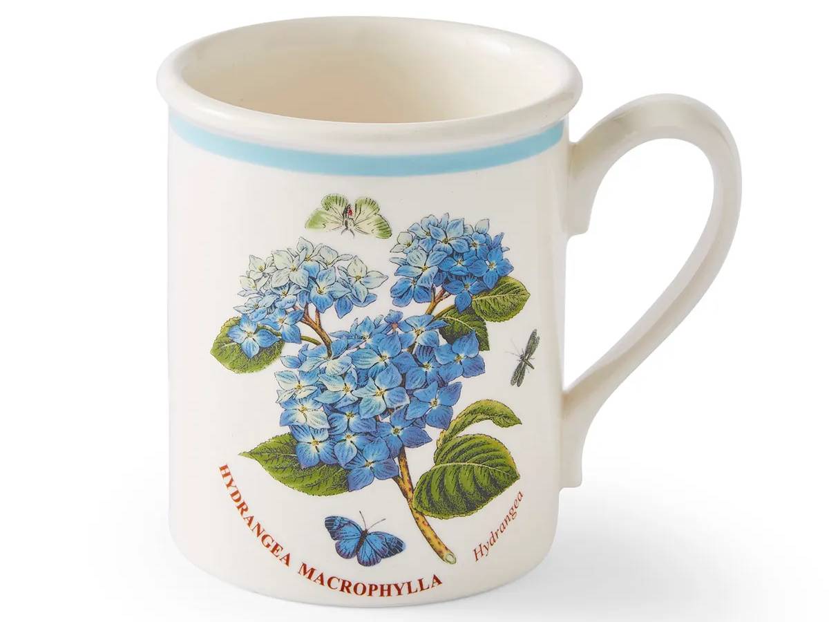 Portmeirion Botanic Garden Meadow Hydrangea Breakfast Mug with purple-blue hydrangea design.