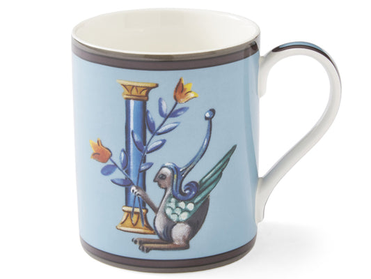 From the Alphabet collection by British designer Kit Kemp, each side features a playful painting with the initial alongside a curious mythical creature in elegant blue tones.