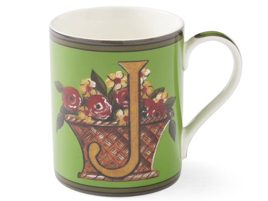  Highlighting the letter ‘J’ in majestic gold amid a basket of colorful blooms, this green mug is an exquisite gift for a loved one.