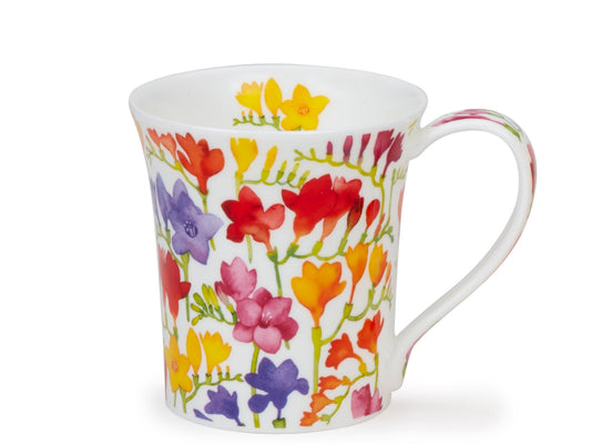 Dunoon Jura Floral Fiesta Freesia mug with bright multicoloured freesia flowers on a white background