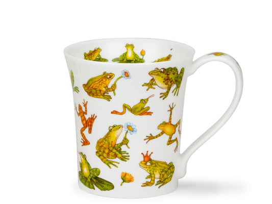 Dunoon Jura Hop It mug with playful green and yellow frog illustrations, flowers and lily pad details on a white background.