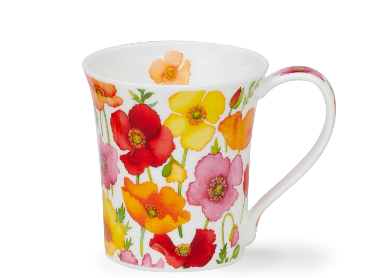 Dunoon Jura Floral Fiesta Poppy fine bone china mug with vibrant watercolour poppy flowers on a white background.