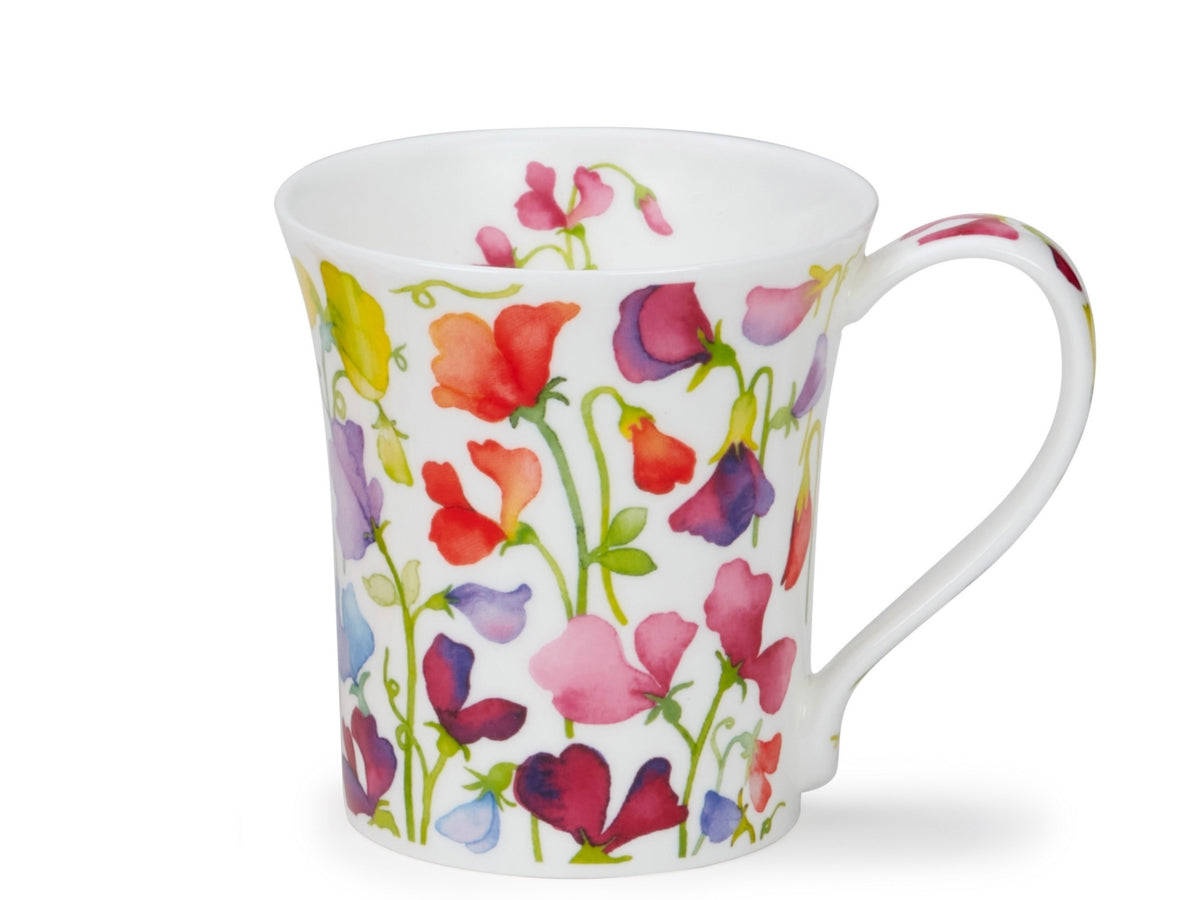 Dunoon Jura Floral Fiesta Sweet Pea fine bone china mug with colourful watercolour sweet pea flowers on a white background.