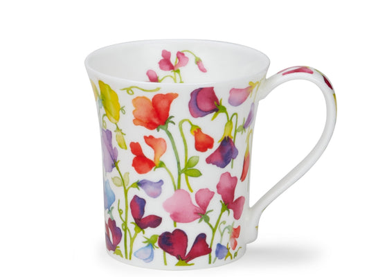 Dunoon Jura Floral Fiesta Sweet Pea fine bone china mug with colourful watercolour sweet pea flowers on a white background.