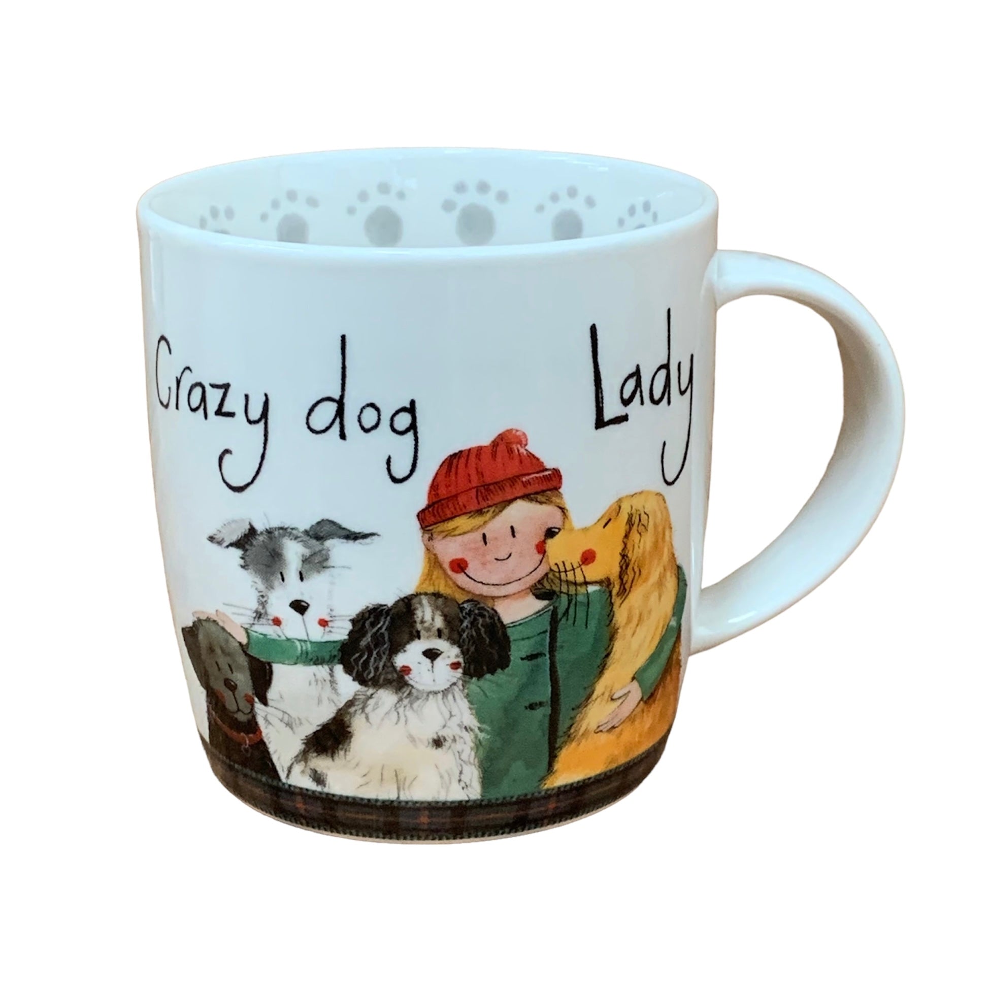 This Alex Clark mug portrays a lady with her beloved dogs, making it perfect for coffee, tea, and other hot beverages. Additionally, the mug showcases illustrations around the inside rim and down the handle, adding to its charm and uniqueness.