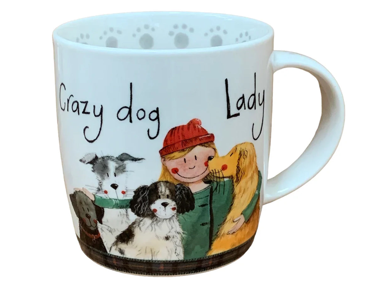 This Alex Clark mug portrays a lady with her beloved dogs, making it perfect for coffee, tea, and other hot beverages. Additionally, the mug showcases illustrations around the inside rim and down the handle, adding to its charm and uniqueness.