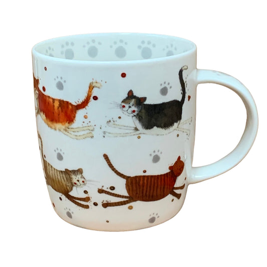 This Alex Clark mug showcases an array of cheerful cats in its illustration, making it an ideal choice for coffee, tea, and other hot beverages. Additionally, the mug boasts illustrations around the inside rim and down the handle, adding to its charm and appeal.