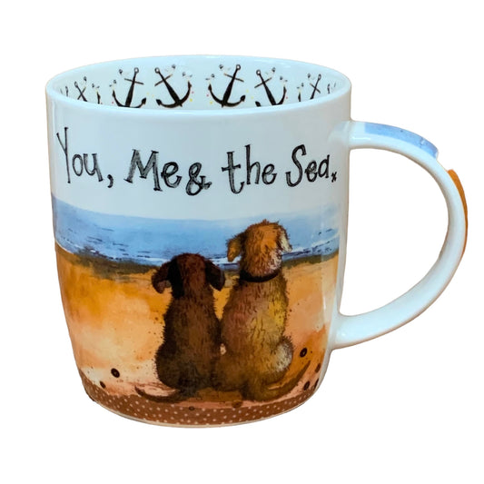 This Alex Clark mug features an illustration of two adorable dogs sitting side by side, gazing out to sea. It's an ideal choice for enjoying coffee, tea, and other hot beverages. Moreover, the mug includes illustrations around the inside rim and down the handle, adding to its charming appeal.