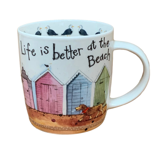 This Alex Clark mug features an adorable illustration of a dog strolling past brightly colored beach huts, accompanied by the uplifting phrase "Life is better at the beach." It's an ideal choice for enjoying coffee, tea, and other hot beverages. Additionally, the mug includes illustrations around the inside rim and down the handle, adding to its delightful appeal.