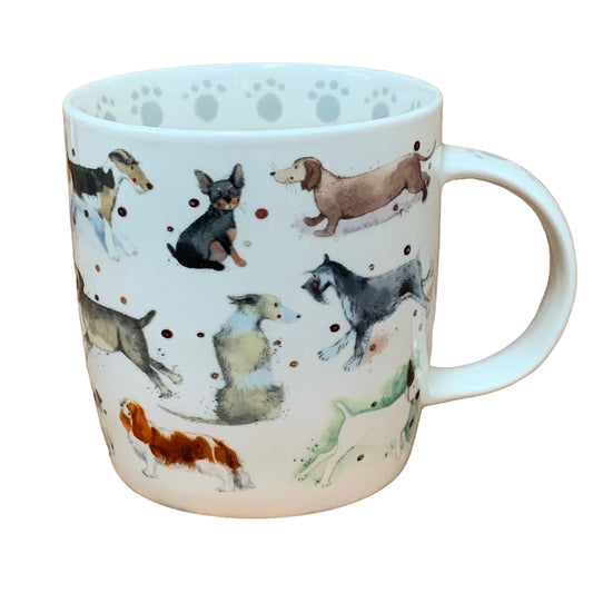 This Alex Clark mug is adorned with numerous adorable dogs of various breeds, making it perfect for coffee, tea, and other hot beverages. Additionally, the mug boasts illustrations around the inside rim and down the handle, adding to its charm and appeal.