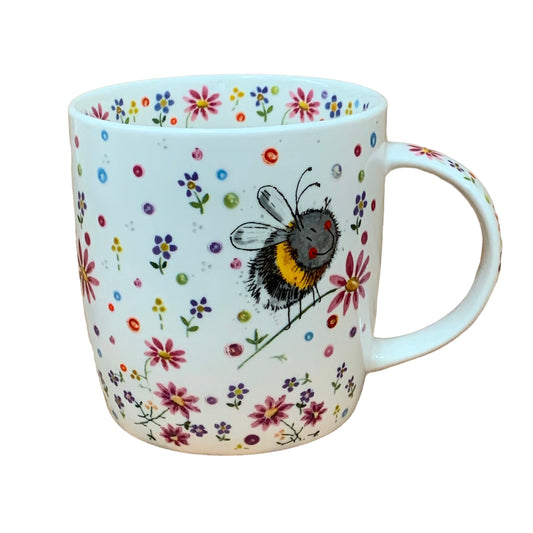 This Alex Clark mug showcases a delightful illustration of a cheerful bee amidst a meadow of flowers. Ideal for coffee, tea, and other hot beverages, the mug also boasts illustrations around the inside rim and down the handle, adding to its charm and appeal.