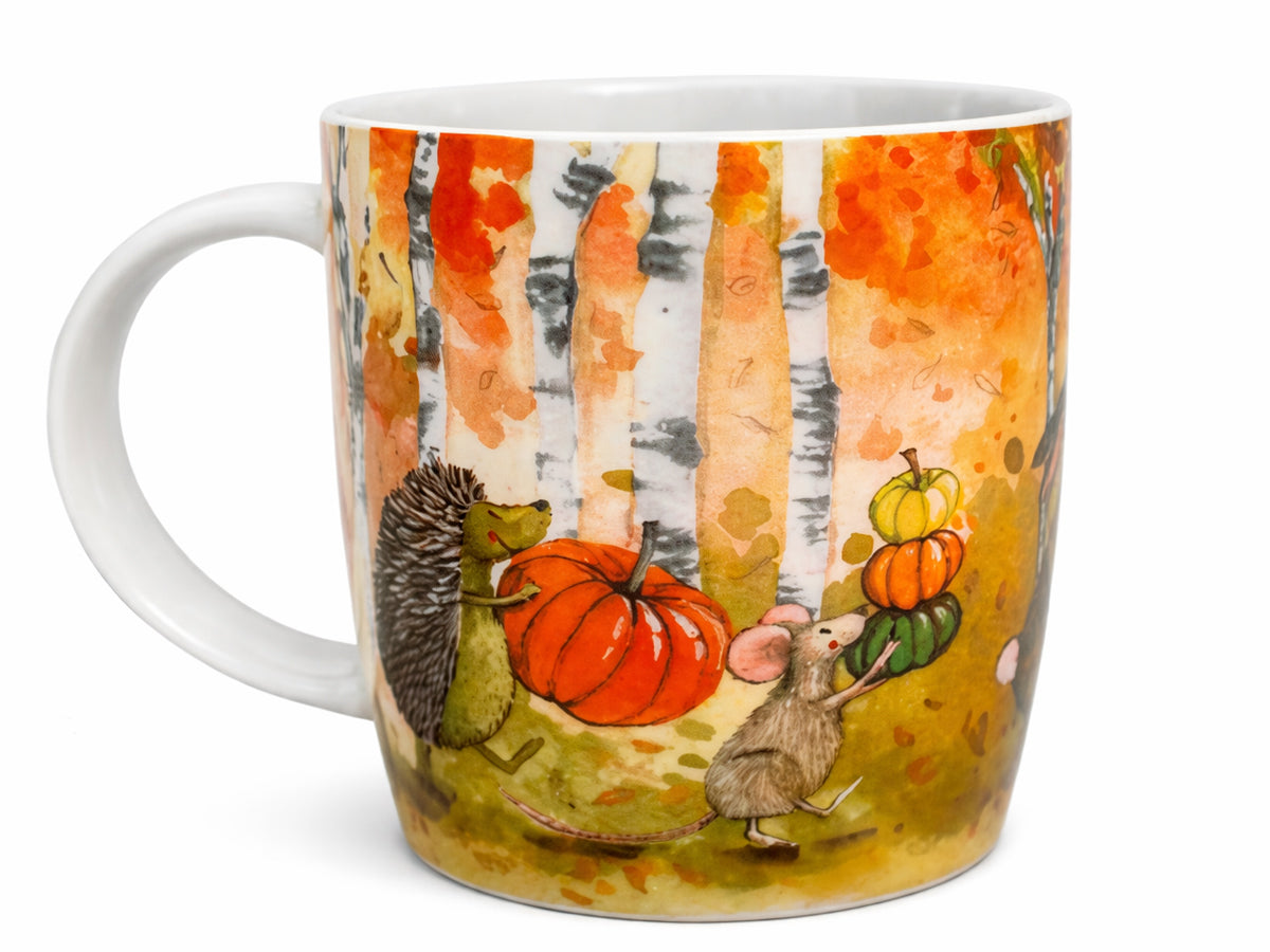 Alex Clark Pumpkin Pickers mug with woodland animals and pumpkins in a warm autumn woodland scene